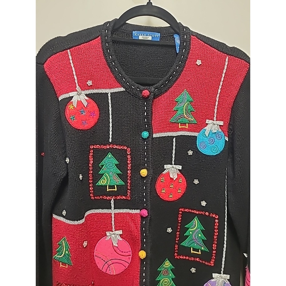 Karen Scott Christmas Cardigan‎ Sweater Trees And Ornaments Women's Size Medium - Picture 13 of 16